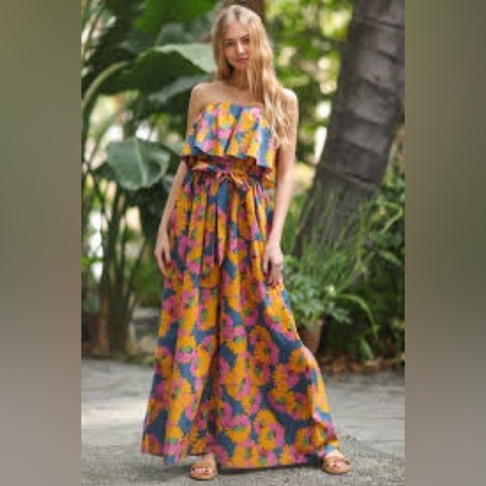 Aakaa wide leg floral jumpsuit tie waist strapless bubble top romper beach